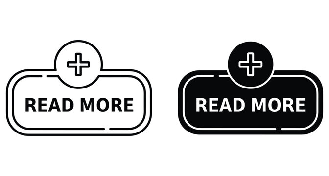 Read more button icon set with plus sign symbol for website interface design navigation element in outline and solid style