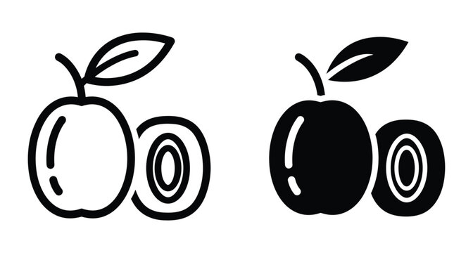 plum fruit icon set featuring whole and sliced halves with leaves in outline and solid black minimalist vector style