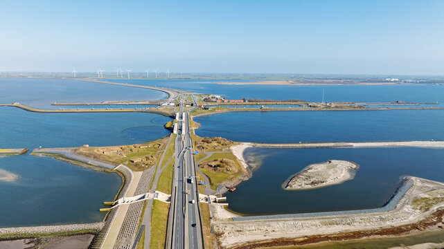 View of an ecological waterway and lock complex on a coastal dam in Europe