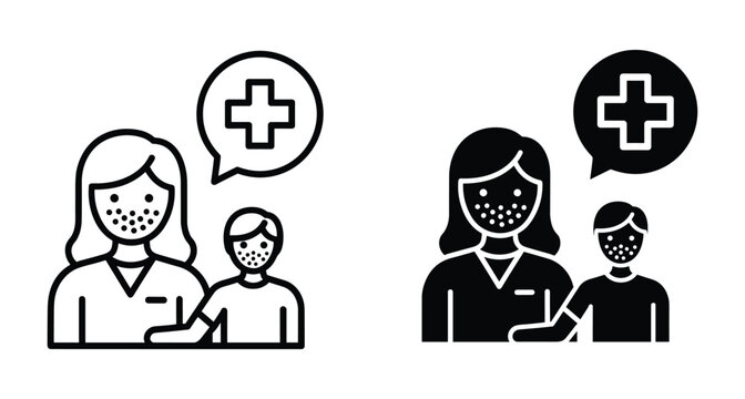 Medical icon set showing woman and child with skin rash symptoms like measles or chickenpox with healthcare cross symbol sign