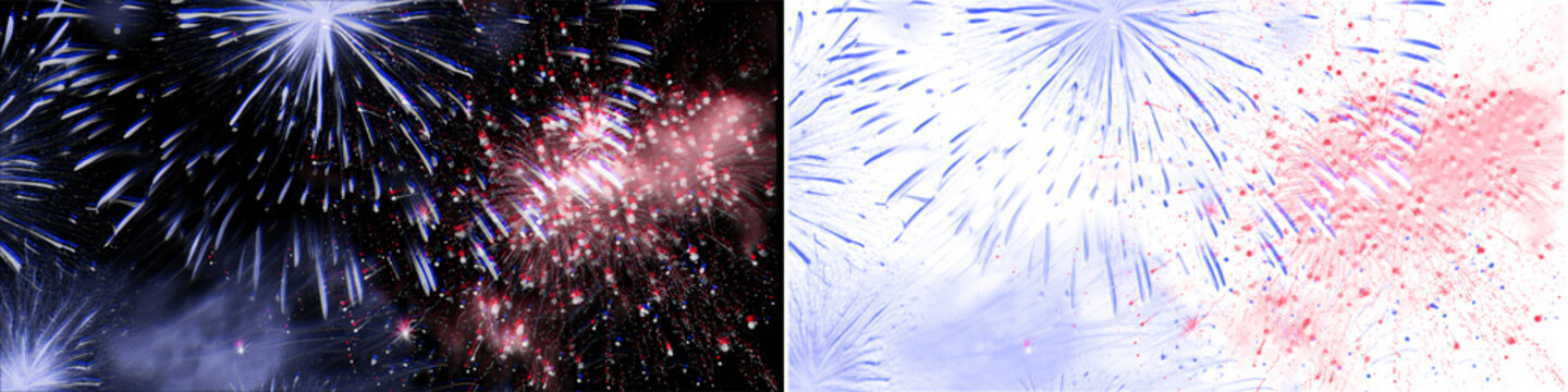 Patriotic red white and blue fireworks explosion isolated on transparent background for festive holiday graphic design.
