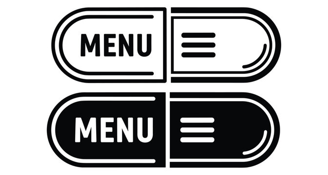 Menu button icon set with hamburger navigation symbol in outline and solid black pill shape for website user interface design