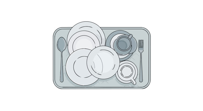 Illustration of a serving tray with stacked dirty plates, cups, and silverware after a meal top view