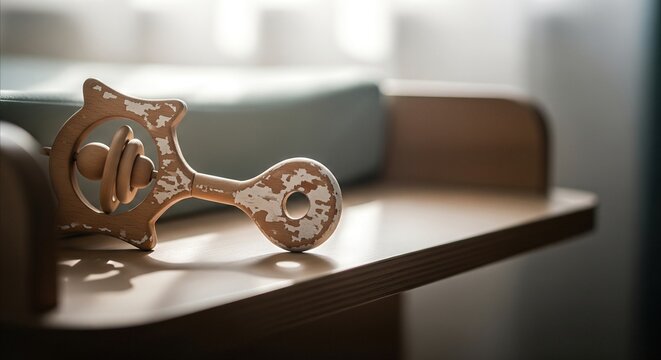 Vintage Wooden Baby Rattle on Changing Table in Soft Natural Light, Serene Nursery Ambiance