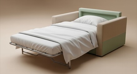 Fototapeta premium Compact sofa bed with crisp white bedding and pillow, neatly unfolded for comfortable sleep in a modern, light-filled room