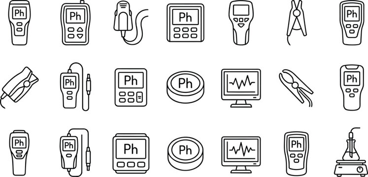 Laboratory measurement equipment outline icons set with pH meters and scientific tools vector illustration collection