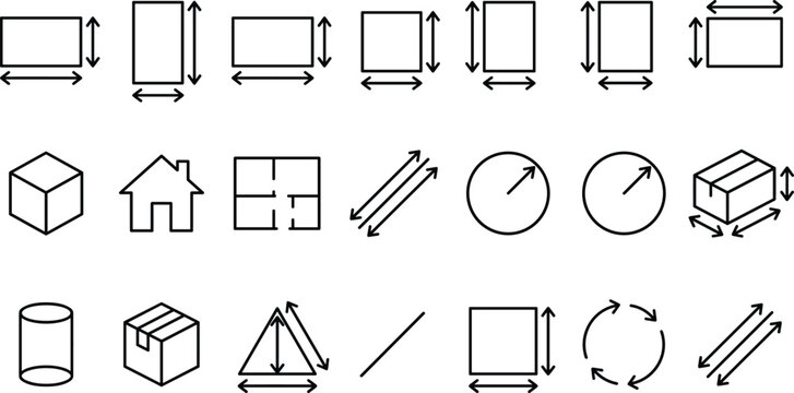 Measurement and dimension outline icons set with geometric shapes arrows and scale symbols vector illustration collection