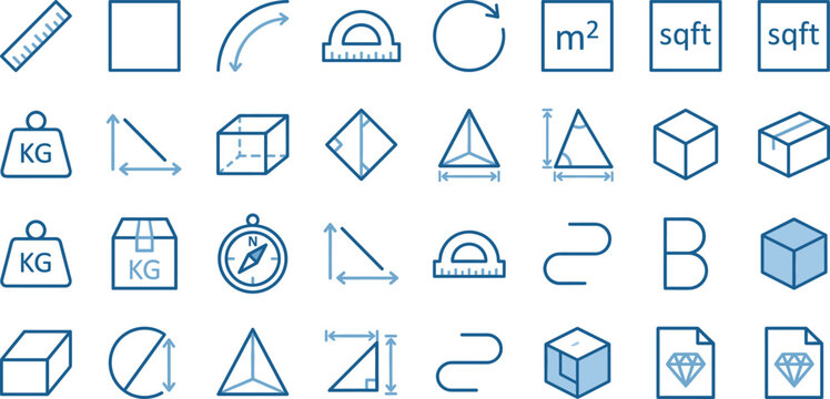 Measurement and geometry blue outline icons set with scales dimensions shapes and technical symbols vector illustration collection
