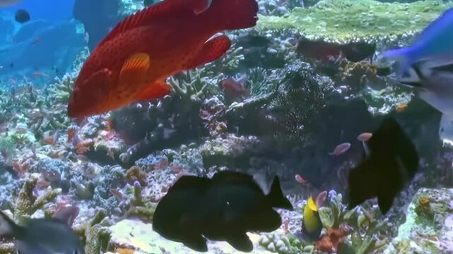 A beautiful red grouper swims with dark fish and other colorful sea life through a sunlit coral reef, creating a vibrant underwater spectacle. Many fish explore their magnificent home.