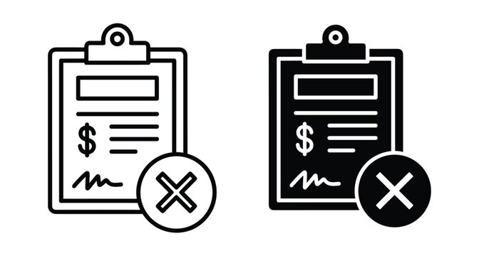 Clipboard icon with dollar sign and cross mark representing rejected payment invoice declined contract financial document cancellation failed transaction status symbol