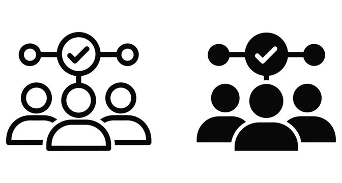 Team selection icon set showing three people with a checkmark symbol representing recruitment human resources management approval and verified group consensus