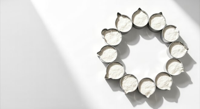 Round arrangement of cute cookie cutters filled with white powder on a clean white background with copy space