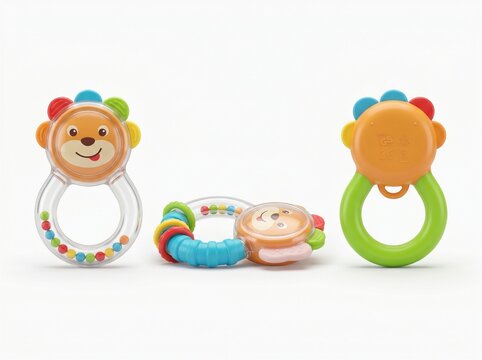 three colorful baby rattles smiling bear face plastic ring teethers infant toy newborn playtime