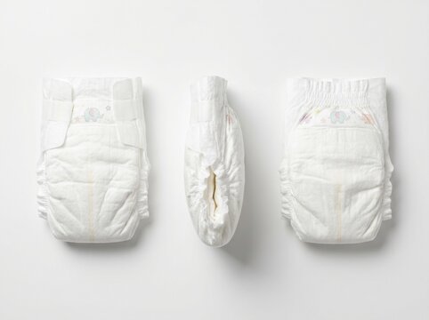 three white baby diapers front folded back on background newborn nappy product