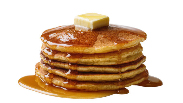 Isolated delicious stack of fluffy golden pancakes dripping with sweet maple syrup and melting butter.