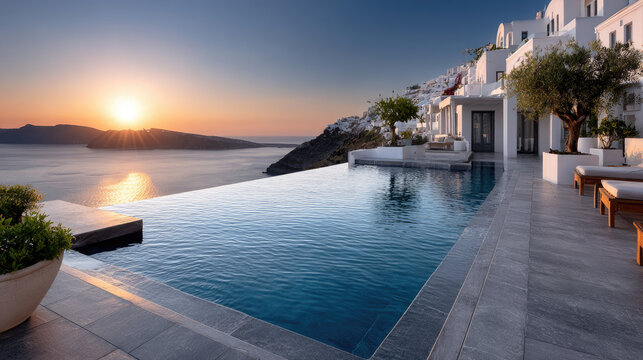 Santorini sunset illuminating an infinity pool at a luxury resort, overlooking the Aegean Sea and volcanic caldera, creating an elegant travel destination scene