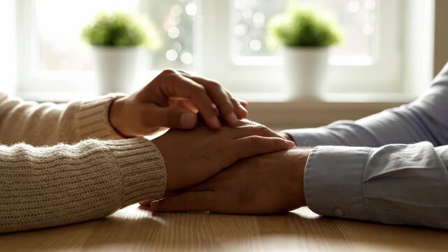 Two pairs of hands gently touching on wooden table with plants in soft natural light, symbolizing comfort, support, and intimate human connection
