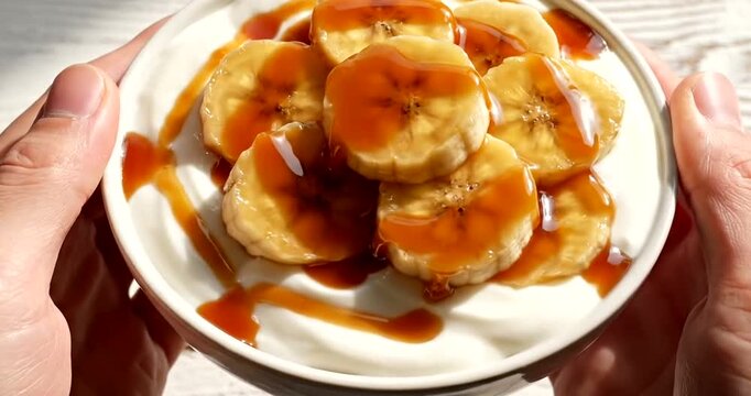 Delicious caramel banana yogurt parfait dessert in glass bowl with creamy texture and sweet topping