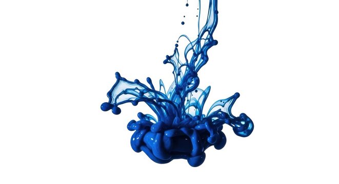 A vibrant blue liquid splash rises high in the air on a plain background.