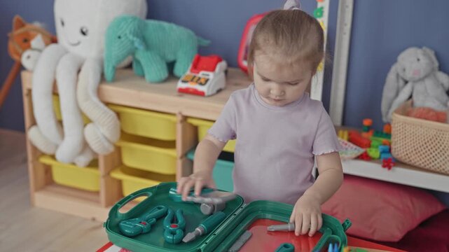 Toddler girl playing with a green toy tool kit, hands holding a plastic wrench and hammer in a colorful playroom with shelves inside building; quiet curiosity.