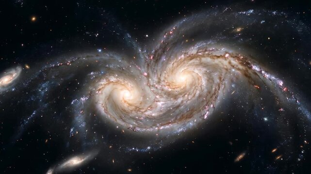 Interacting spiral galaxies rotating in deep space. Cosmic merger sequence showing stellar arms and dust lanes. Astronomical visualization of galactic collision and formation process.