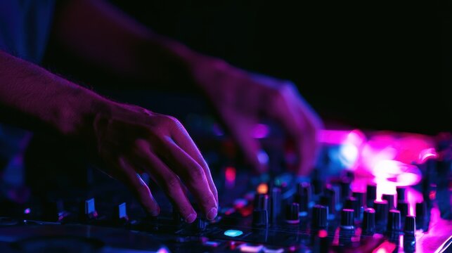 Close-up of a DJ's hands on a mixing desk, neon lights reflecting on the equipment, dark desert background
