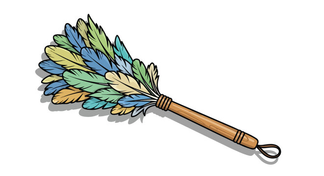 Colorful feather duster with wooden handle for domestic cleaning illustration