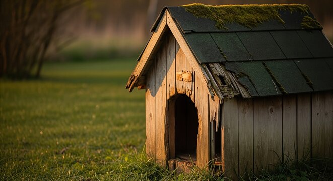 Old weathered wooden dog house with mossy roof in golden hour sunlight, rustic decay in a serene green backyard setting