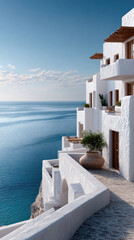 Naklejka premium White mediterranean cliffside architecture with multiple balconies overlooking the tranquil Aegean sea, reflecting clear blue sky and summer vacation calm