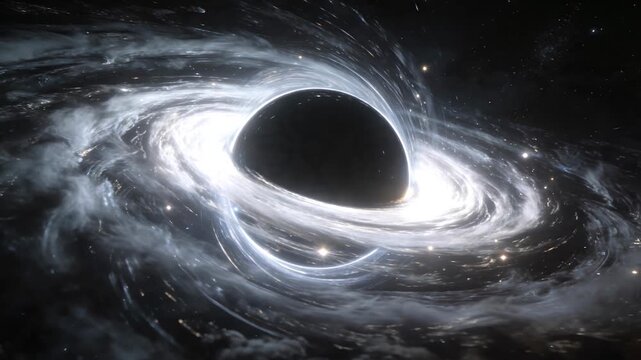 Black hole rotating in deep space. Swirling accretion disk pulls in cosmic matter and stars. Gravitational singularity phenomenon for astronomy study and science fiction visuals.