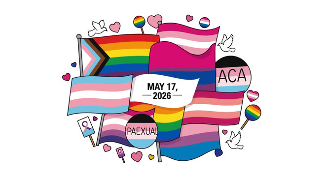 LGBTQ+ pride flags and symbols vector illustration, flat design