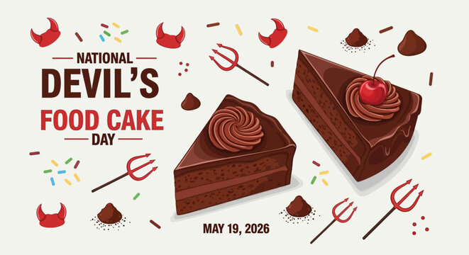 national devil's food cake day celebration with chocolate cake and festive vector illustration