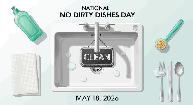 national no dirty dishes day celebration with kitchen sink and cleaning tools flat design vector illustration