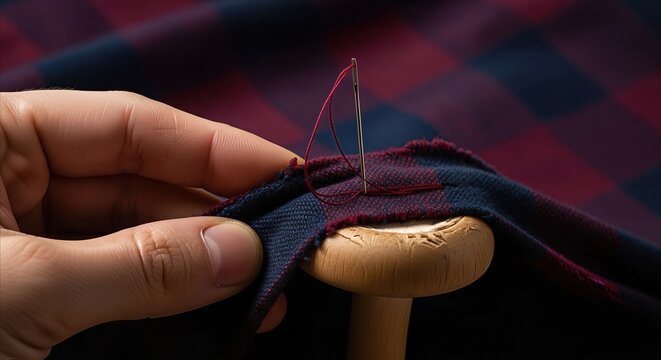 Hand sewing navy and maroon checkered fabric with needle and thread on darning mushroom, dramatic lighting