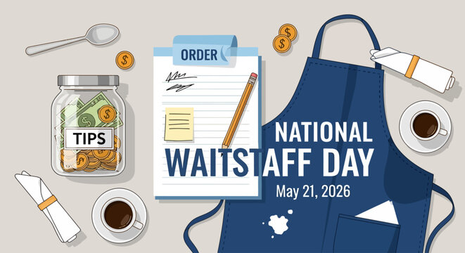 national waitstaff day celebration with coffee and tips jar vector illustration