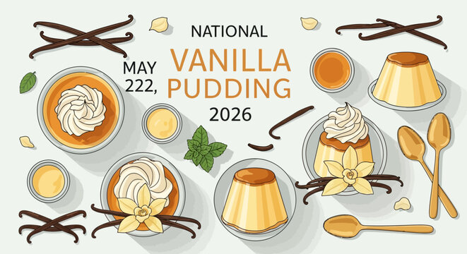 national vanilla pudding day celebration with desserts and ingredients flat design vector illustration