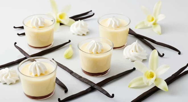 elegant vanilla custard dessert cups with orchid flowers and vanilla pods flat design vector illustration