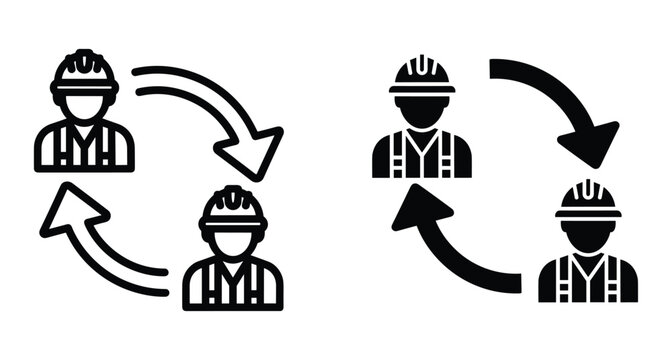Construction worker shift change icon set showing labor rotation cycle with hard hat employees and circular arrows for industrial management