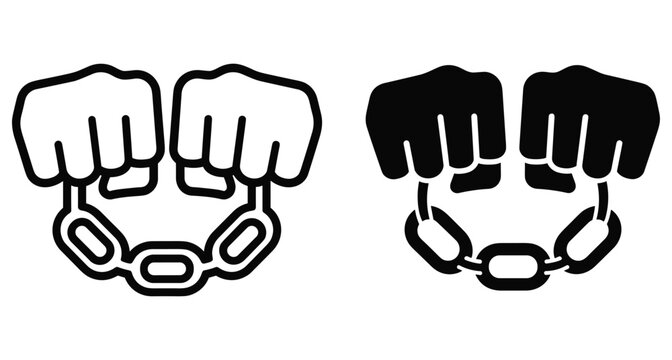 Handcuffed hands with metal chains icon set representing slavery imprisonment human rights violation arrest crime justice protest freedom struggle bondage
