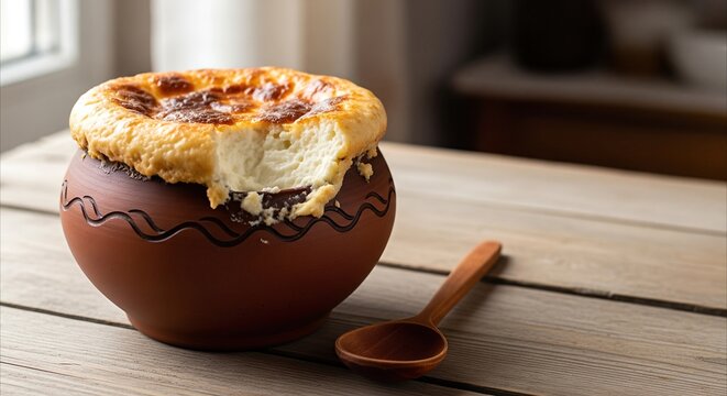 Rustic baked milk yogurt in earthenware pot with browned crust, offering traditional comfort and culinary heritage on wooden table