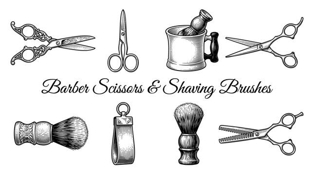 Vintage Barber Shop Tool Set Illustration featuring Scissors, Shaving Brushes, and Grooming Accessories in Engraved Woodcut Style
