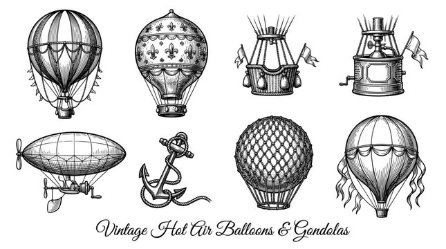 Vintage Hot Air Balloon and Airship Collection Set, Hand Drawn Engraving Style Vector Illustration with Gondolas and Anchor