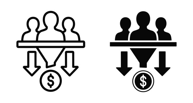 Sales funnel icon set showing customer conversion process with people figures funneling into dollar coin for business revenue and profit