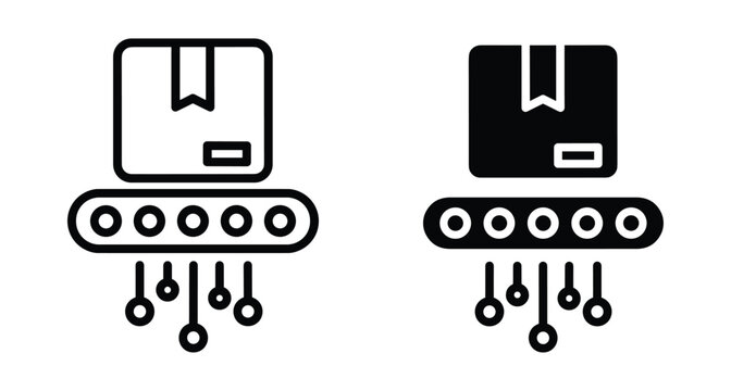 Smart conveyor belt icon with package box and digital circuit lines for automated logistics warehouse distribution and industrial technology systems
