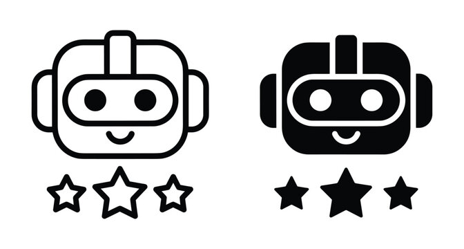 Robot head icon set with stars representing rating feedback quality service automation technology artificial intelligence bot character outline and solid style