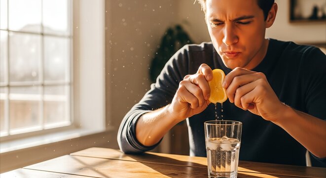 Man Wincing While Squeezing Lemon into Glass of Water at Rustic Table in Golden Hour Sunlight
