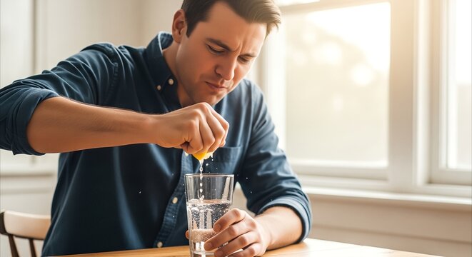 Man wincing while squeezing fresh lemon juice into a glass of water at a rustic table bathed in warm sunlight
