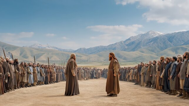 A tense political scene showing opposing camps of David and Ish-bosheth divided across an open landscape with messengers moving between factions and fragile political power.