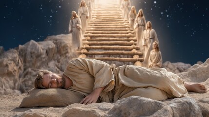 Obraz premium A visionary yet realistic scene of jacob’s ladder with jacob sleeping on rocky desert ground as a glowing ladder rises into the night sky with angels ascending and descending under divine light.