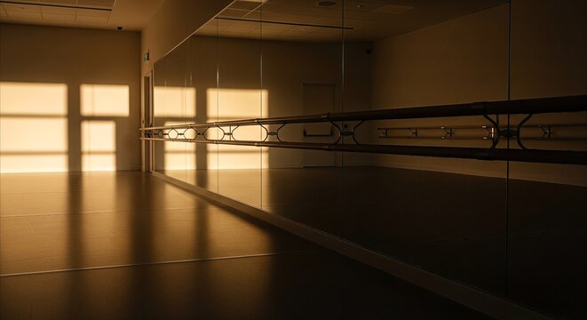 Empty dance studio with mirrored wall and barre, bathed in golden hour light, offering a serene and minimalist ambiance for fitness.